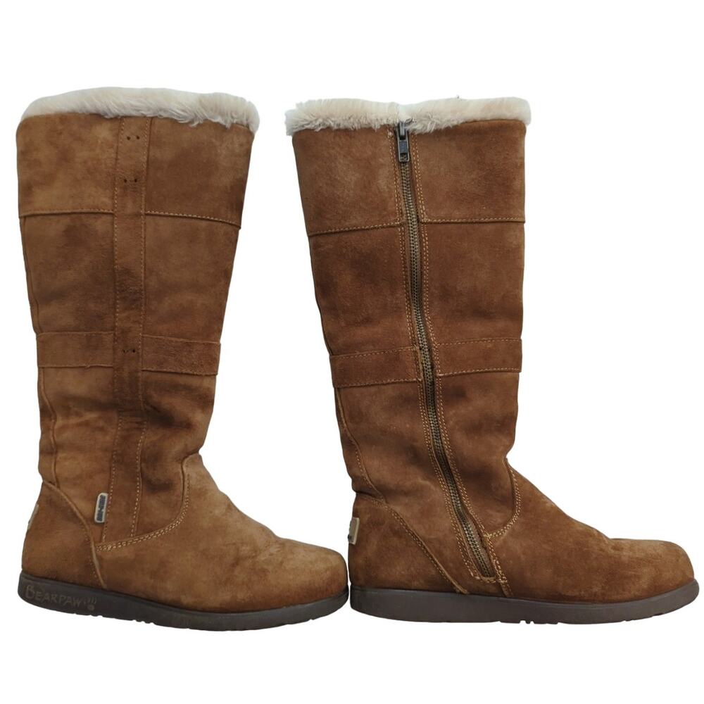 BEARPAW Brown Suede Side Zip 14" Tall Boots Sheepskin Wool lining Women's Size 5
